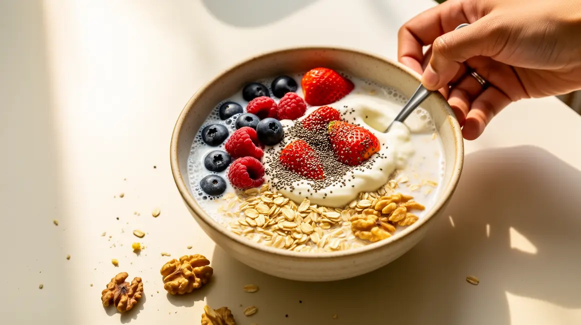 bol d'overnight oats perte de poids avec lait vegetal baies et chia