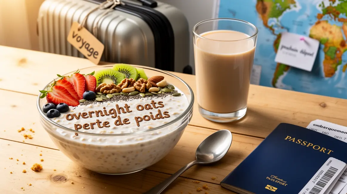 overnight oats perte de poids bol fruits et graines avec valise