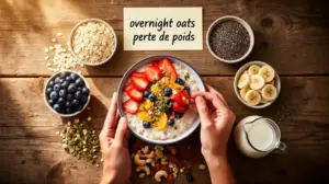 Bol d'overnight oats perte de poids avec avoine, fruits, graines, noix