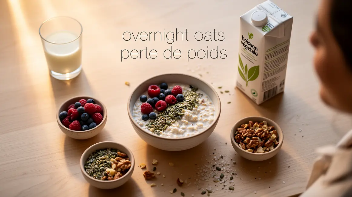 overnight oats perte de poids sur table avec baies, graines et noix