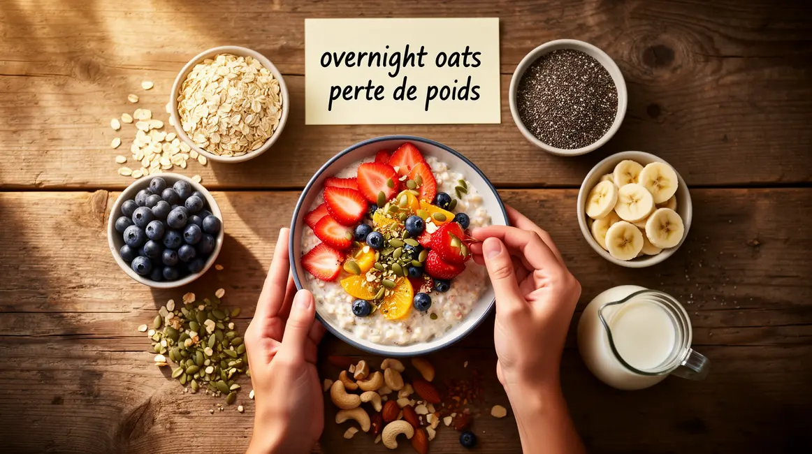 Bol d'overnight oats perte de poids avec avoine, fruits, graines, noix