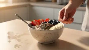 bowl overnight oats perte de poids fruits frais graines sur table