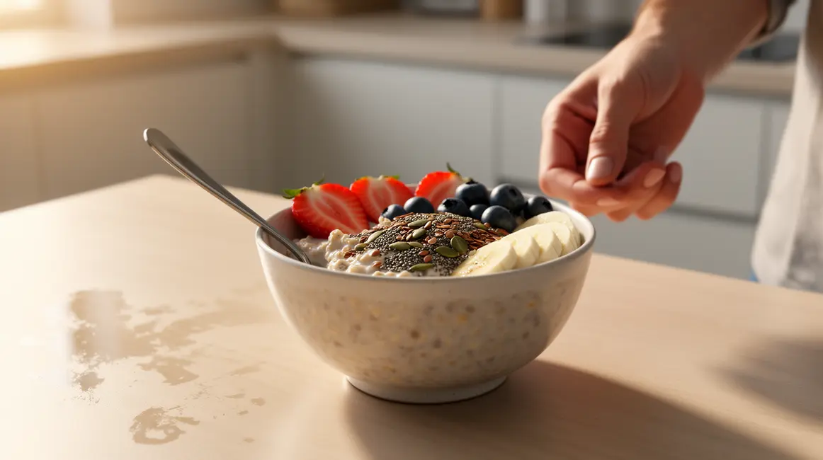 bowl overnight oats perte de poids fruits frais graines sur table