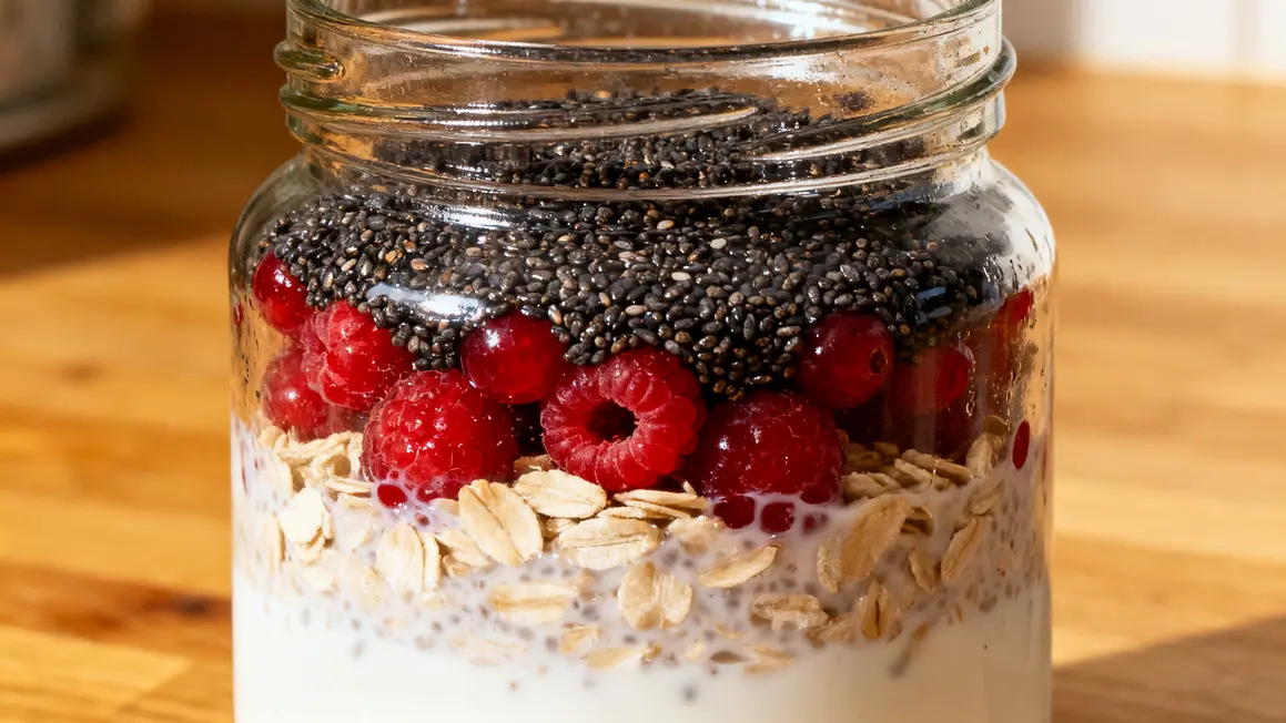 couches dans bocal d'overnight oats perte de poids, fruits rouges et chia