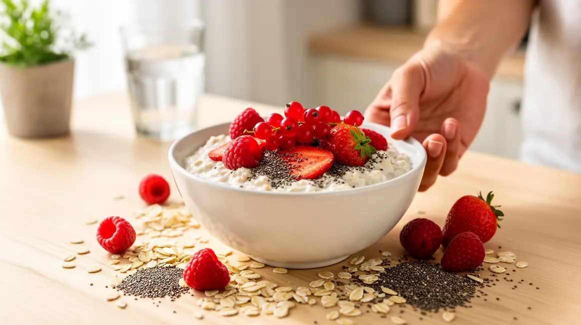 Bol d'overnight oats perte de poids avec fruits rouges et graines