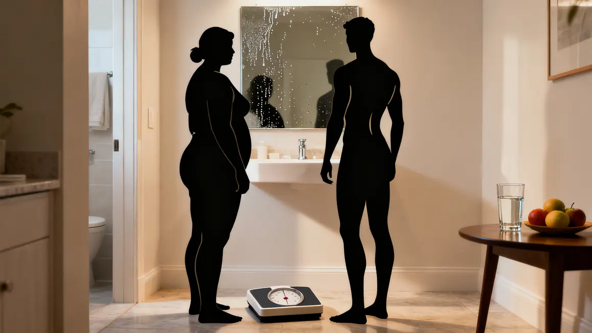 avant apres perte de poids, miroir, balance, fruits, eau