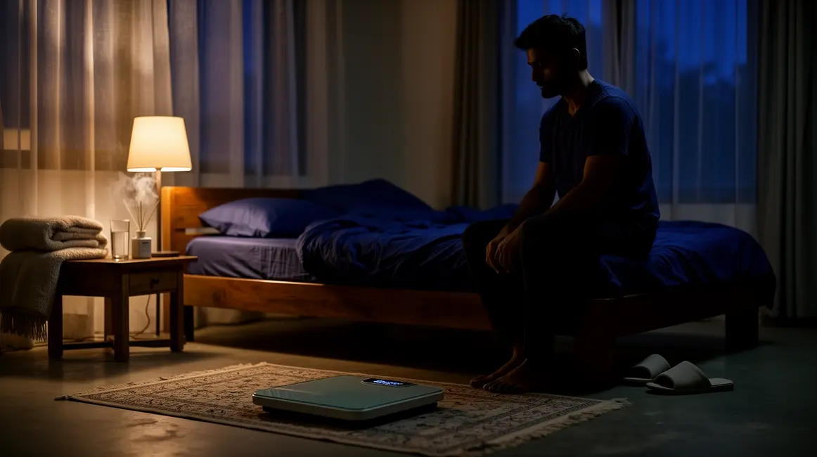 homme observe balance nuit chambre loss de poids