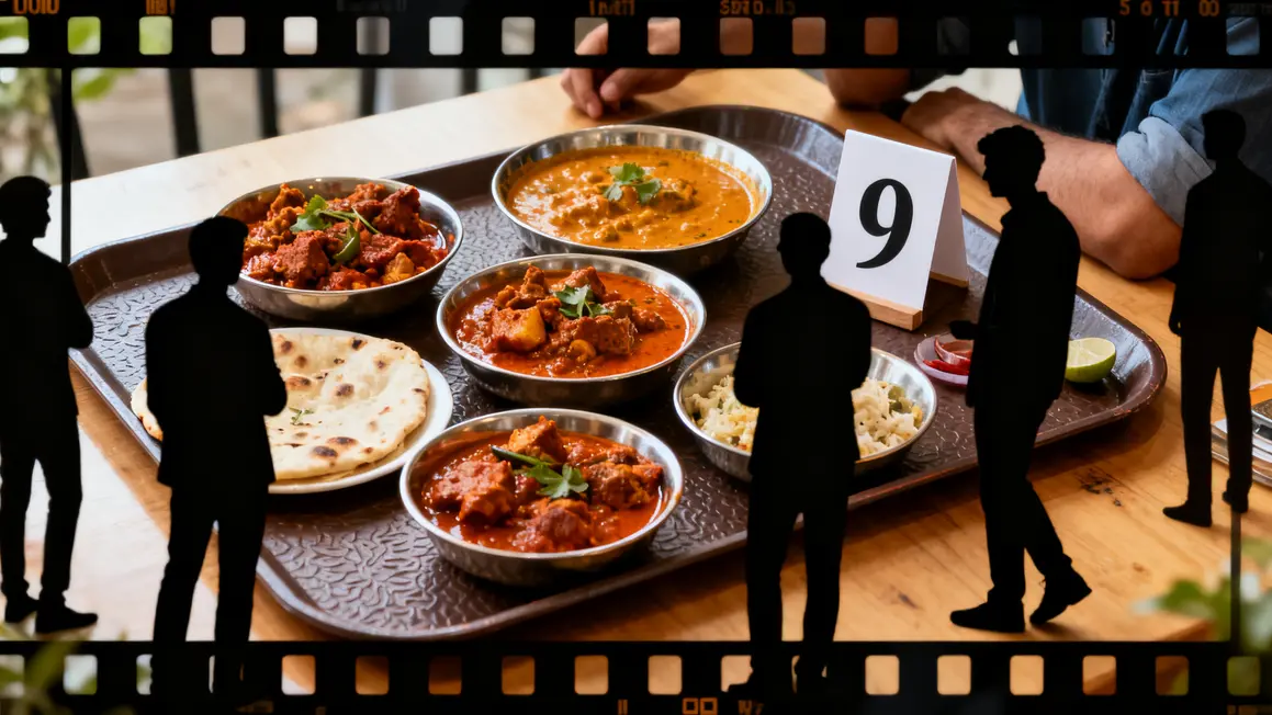Plats puissants et épicés indiens, vindaloo laal maas curry malabar, silhouettes hésitantes