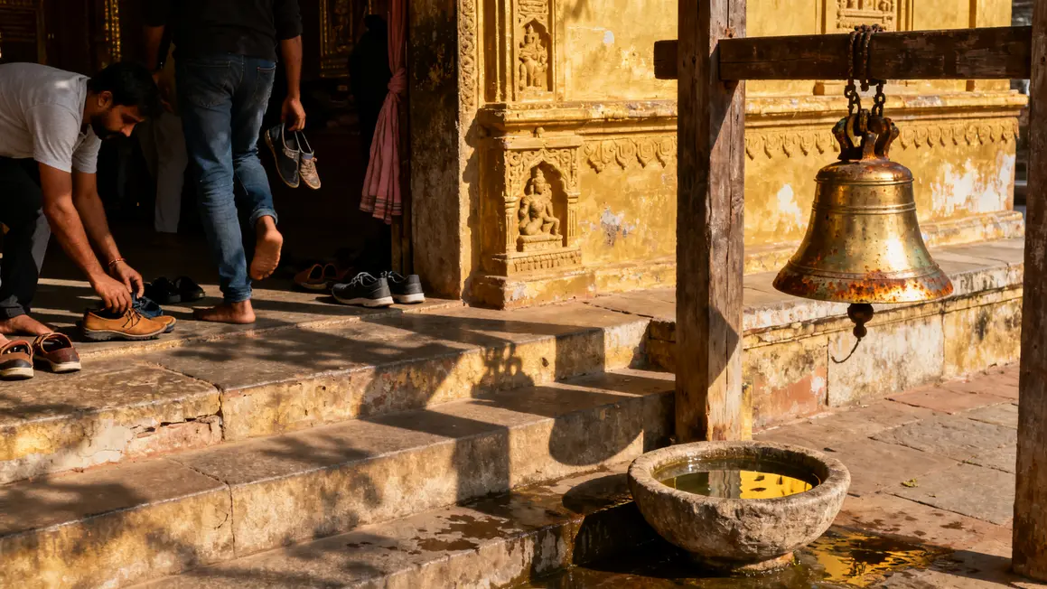 Entrée temple indien, retrait chaussures, purification, ambiance respectueuse