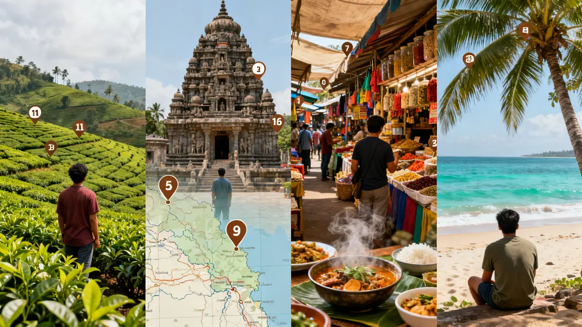 Collage paysages Inde du Sud montagnes thé temples marchés cuisine