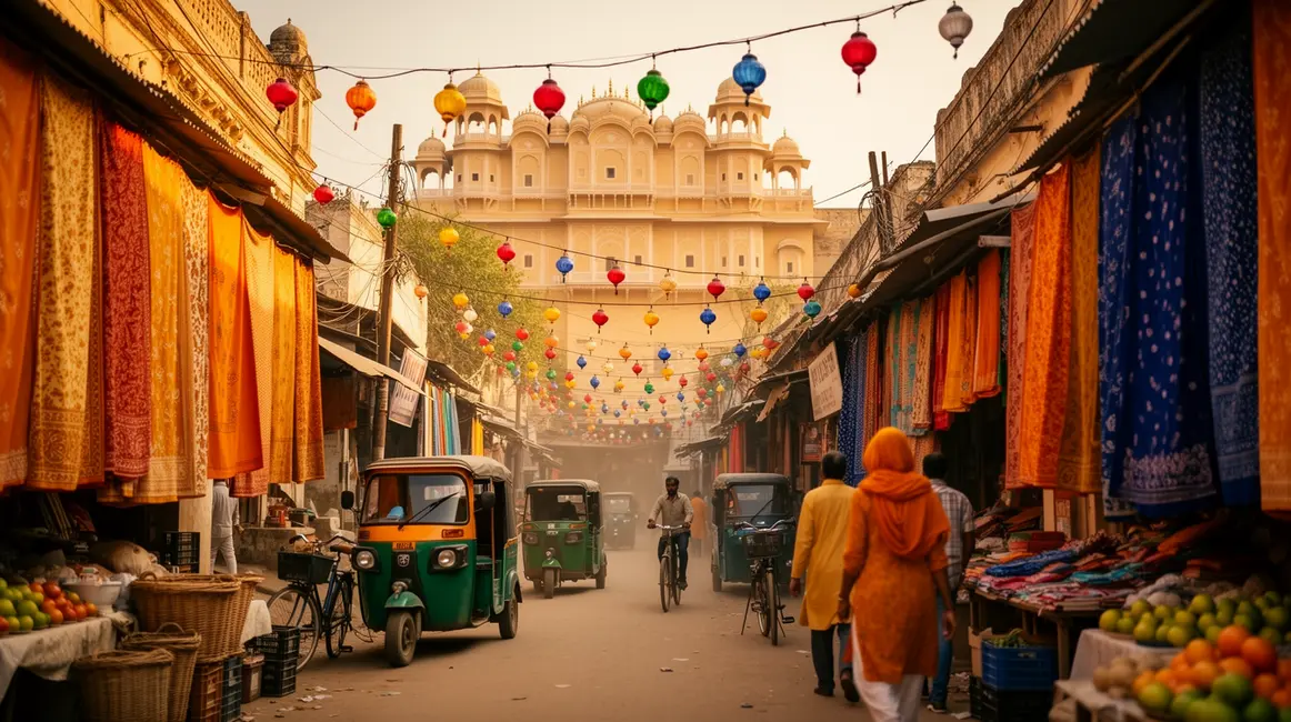 Marche Rajasthan avec palais et rickshaw, tissus colores