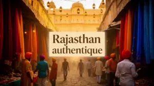 Ruelle marche Rajasthan authentique avec palais ocre et turbans colores