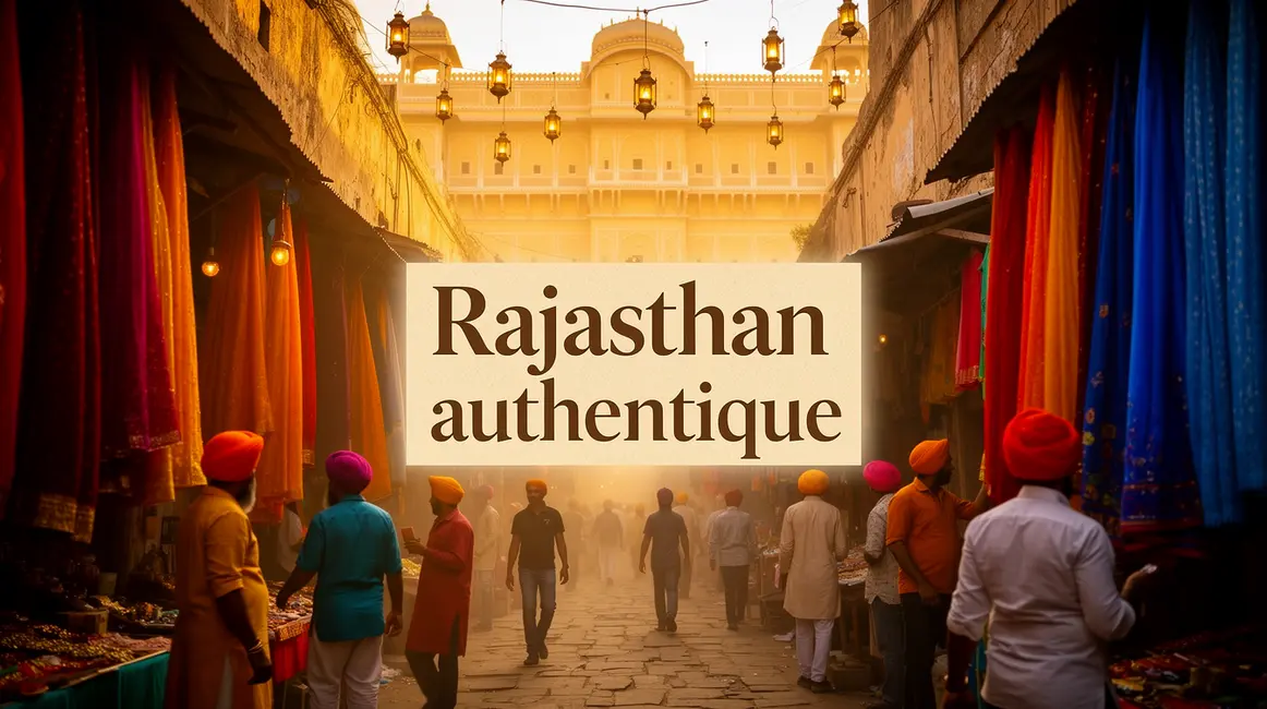 Ruelle marche Rajasthan authentique avec palais ocre et turbans colores