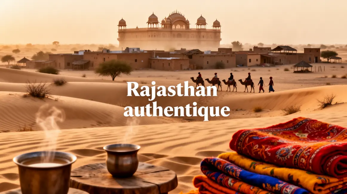 Paysage Rajasthan authentique dunes village palais silhouettes chai