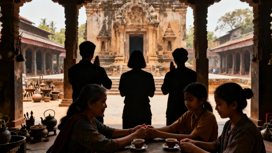 Visiteurs respectant traditions devant temple au Rajasthan authentique