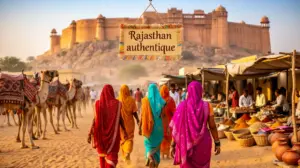 Scène photoréaliste Rajasthan authentique avec voyage India femmes sari chameaux fort désert