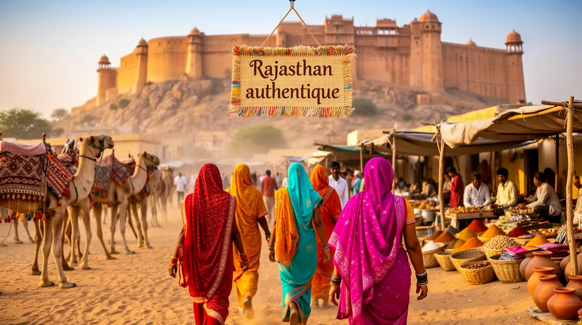 Scène photoréaliste Rajasthan authentique avec voyage India femmes sari chameaux fort désert