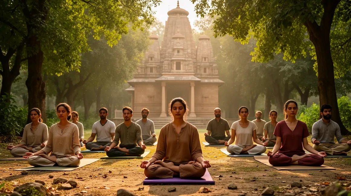 groupe en lotus retraite yoga inde temple