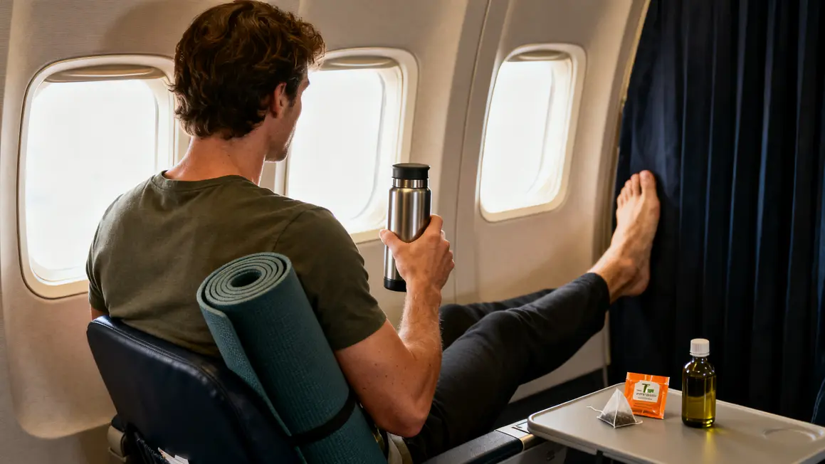 Voyageur avion ayurveda, infusion et huile, yoga