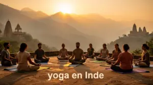 Méditation groupe yoga Inde paysage montagne lever soleil