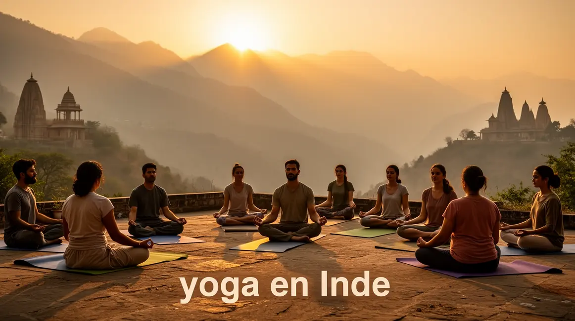 Méditation groupe yoga Inde paysage montagne lever soleil