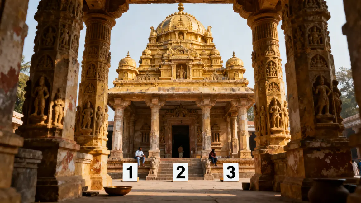 Façade temple indien montrant shikhara mandapa garbhagriha et colonnes sculptées