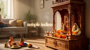 Temple indien domestique bois sculpté, fleurs, lampes à huile