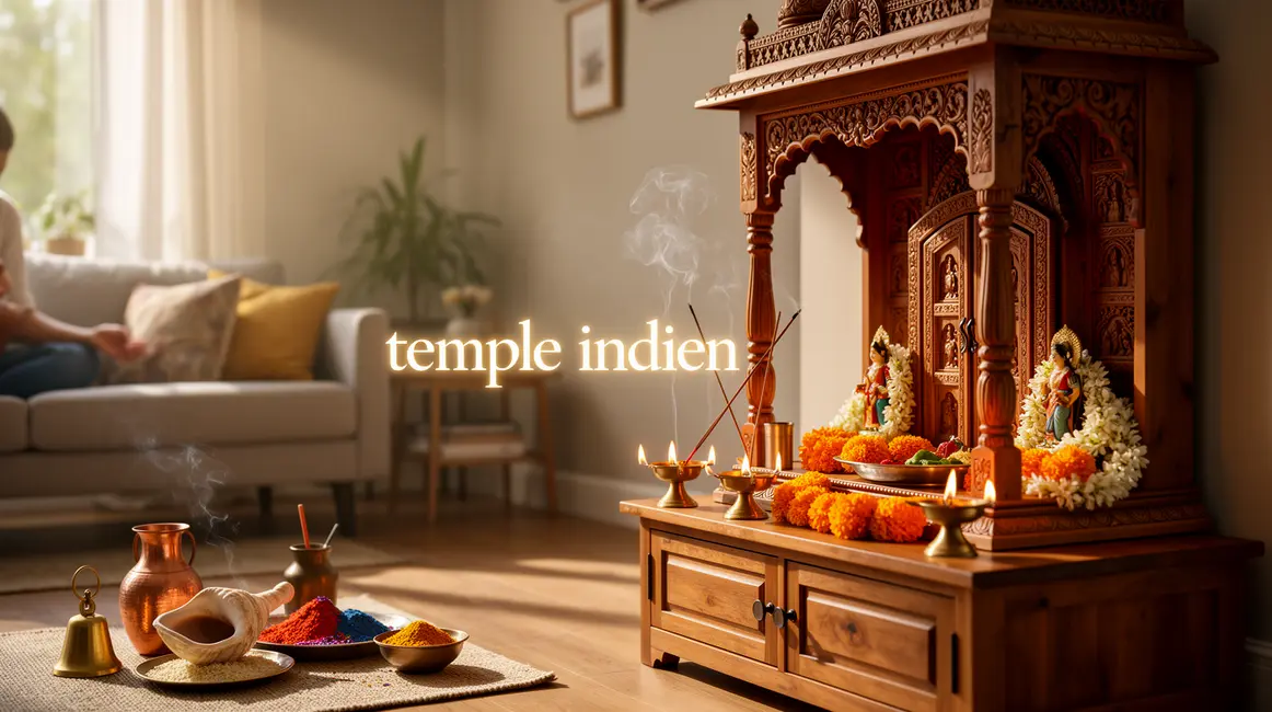 Temple indien domestique bois sculpté, fleurs, lampes à huile