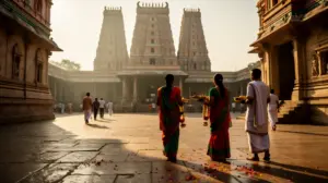 Temple indien avec visiteurs et offrandes
