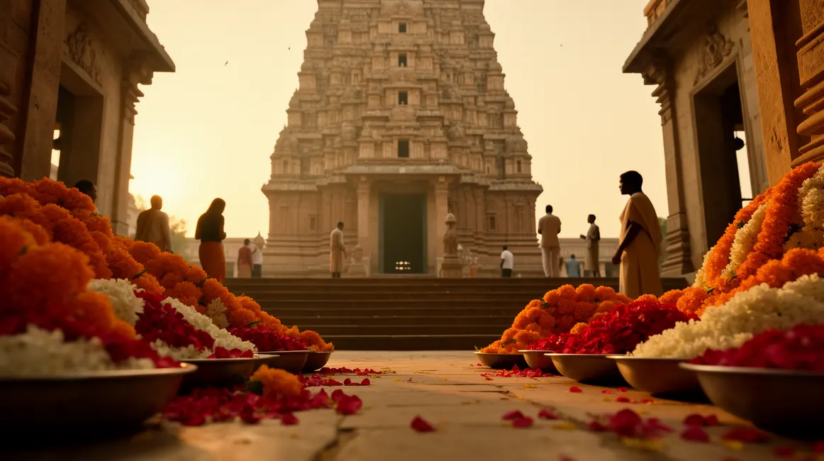Vue temple indien fleurs fidèles questions