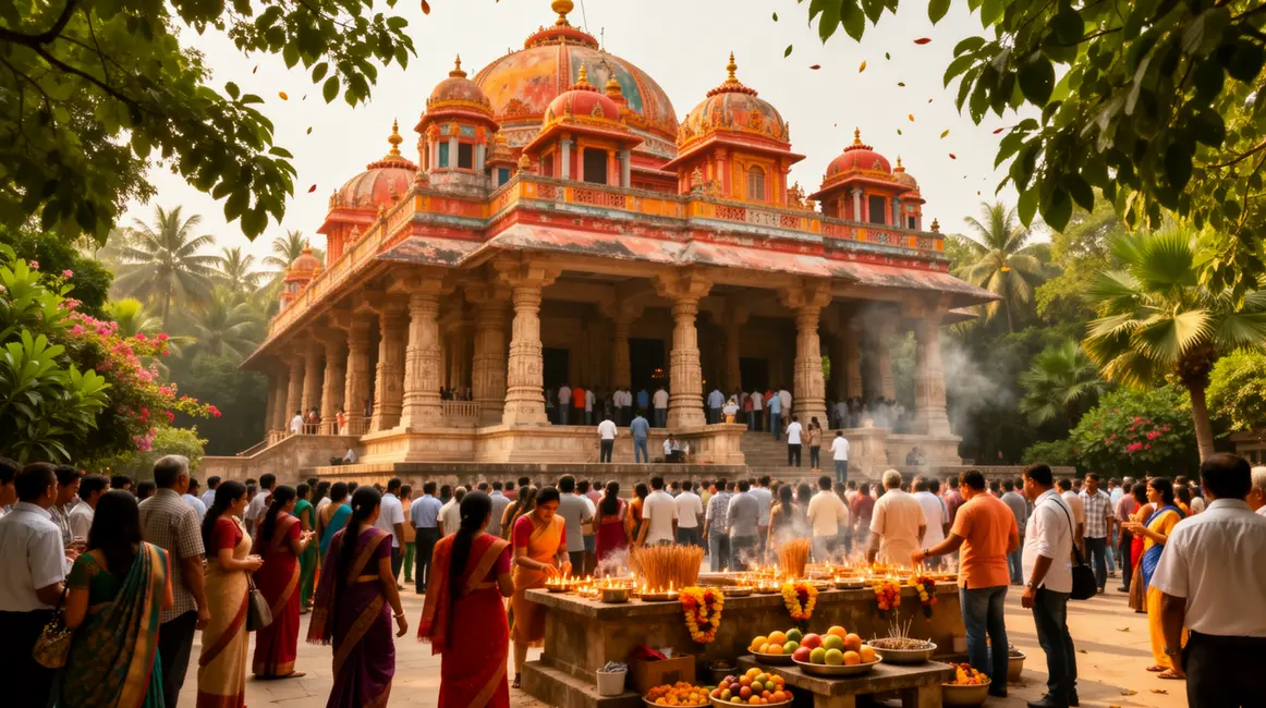 Temple indien animé visiteurs rituels offrandes