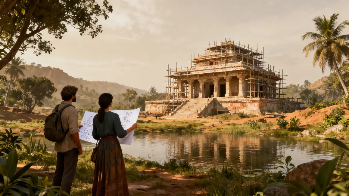 site construction temple indien orientation est eau vegetation