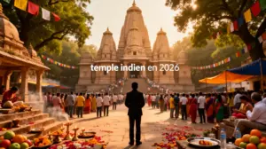 Vue monumentale de temples indiens sous lumiere dorée en 2026