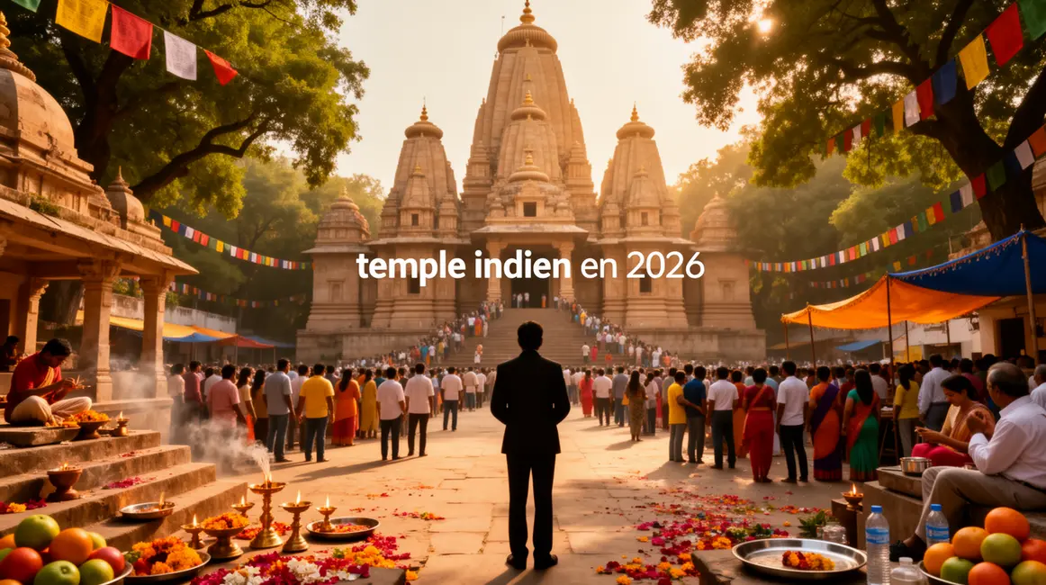 Vue monumentale de temples indiens sous lumiere dorée en 2026