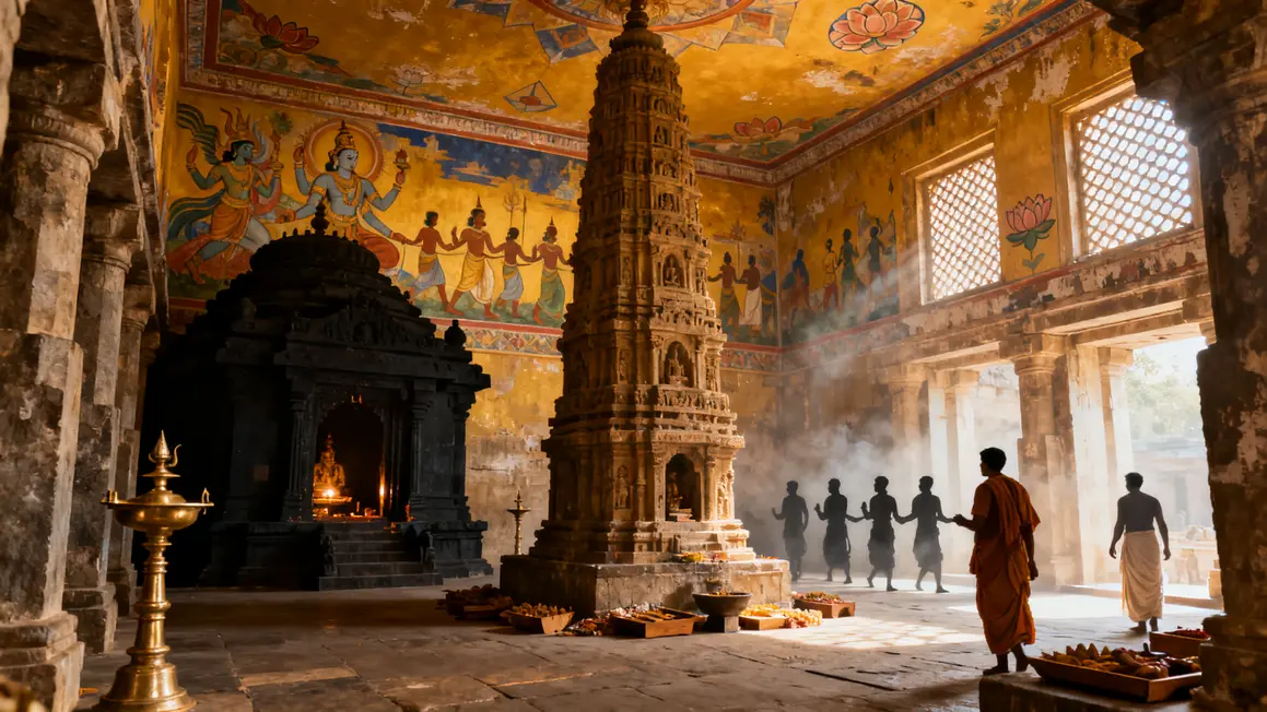 interieur temple indien sanctuaire hall fresques marche