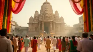 vue temple indien majestueux foule ornements ciel lumineux