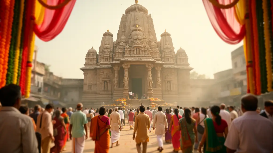 vue temple indien majestueux foule ornements ciel lumineux
