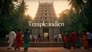 Vue d'un temple indien majestueux entouré de végétation et foule