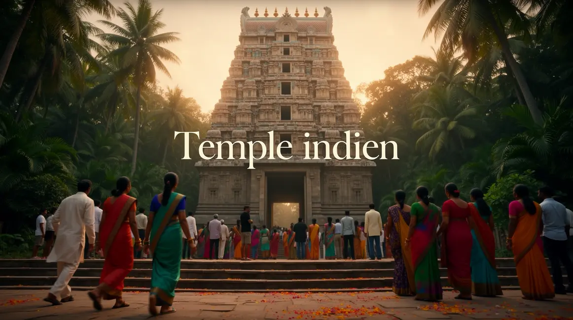 Vue d'un temple indien majestueux entouré de végétation et foule