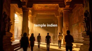 स्तंभों, भित्तिचित्रों, मूर्तियों और सुनहरा प्रकाश के साथ एक भारतीय मंदिर का फोटोग्राफिक दृश्य