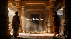 temple indien photorealiste avec visiteurs en tenue respectueuse et offrande