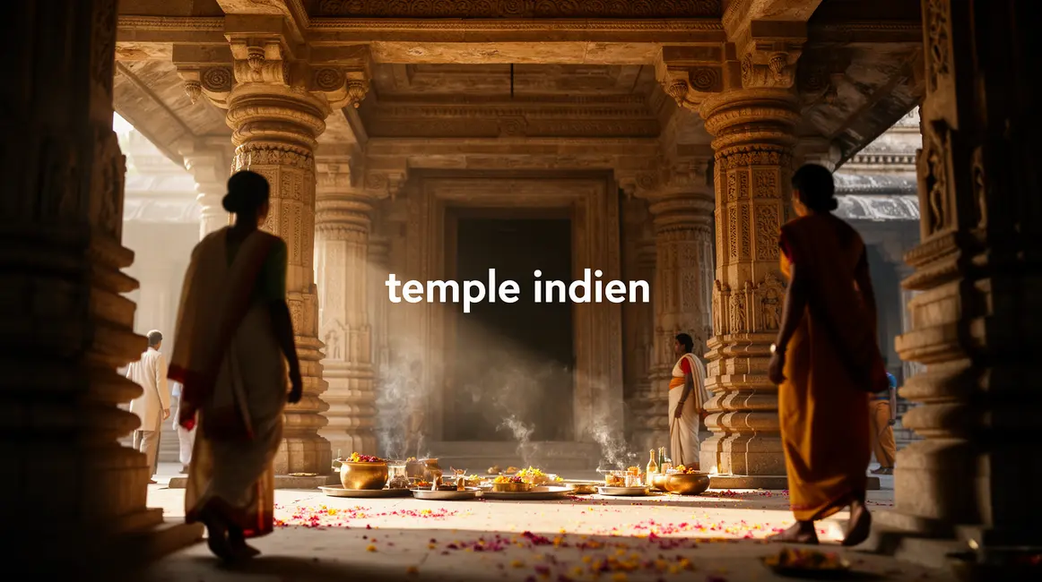 temple indien photorealiste avec visiteurs en tenue respectueuse et offrande
