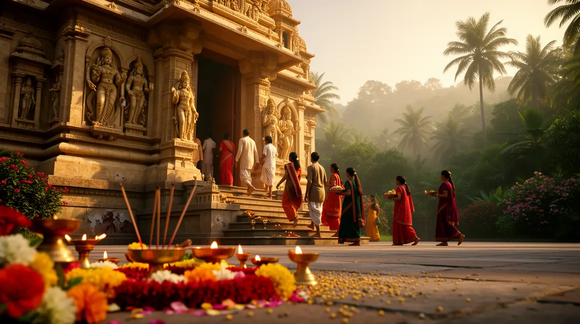Temple indien, lumiere doree, statues divinites, fideles, offrandes