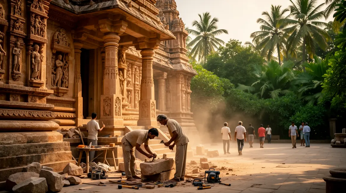 scene temple indien avec artisans et vegetation