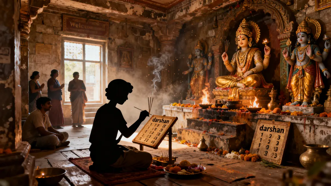 Scène intérieure temple indien avec puja, statues, encens et texte darshan