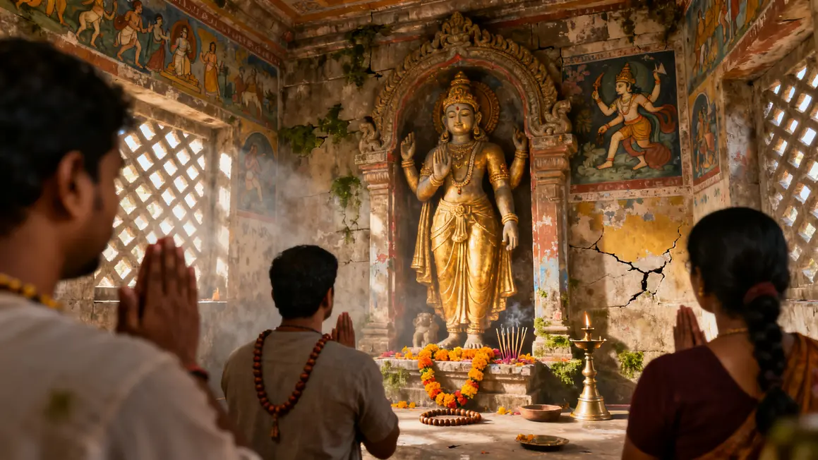 temple indien divinité centrale et fidèles, fresques en arrière-plan