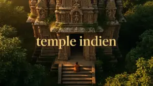 vue plongeante temple indien traditionnel avec silhouette en prière