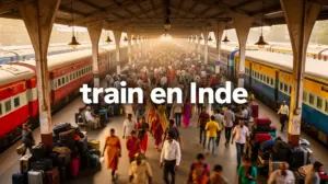 Vue d'une grande gare indienne animée avec trains colorés et voyageurs