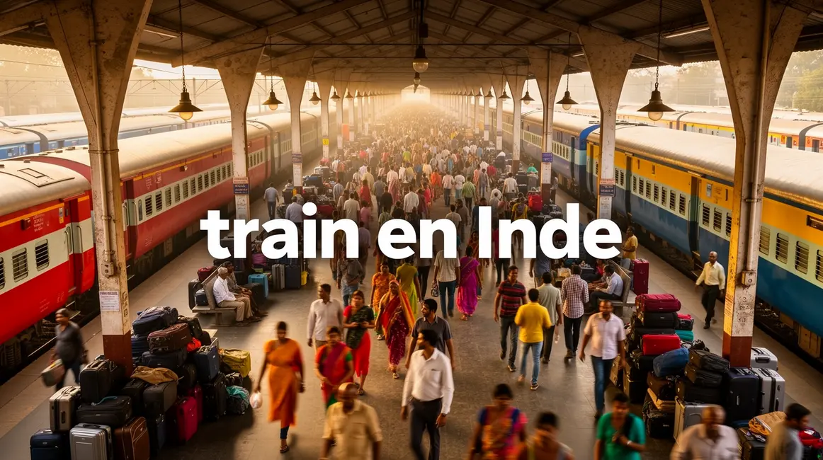 Vue d'une grande gare indienne animée avec trains colorés et voyageurs