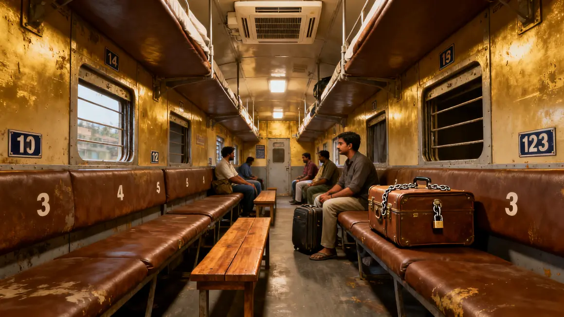 Intérieur train indien, différentes classes, couchettes et bancs bois